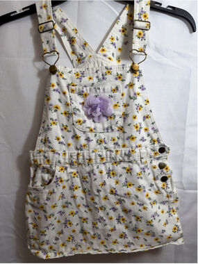Girls Overalls Romper Skort Size 10 White Yellow Purple Floral Cottagecore Farm